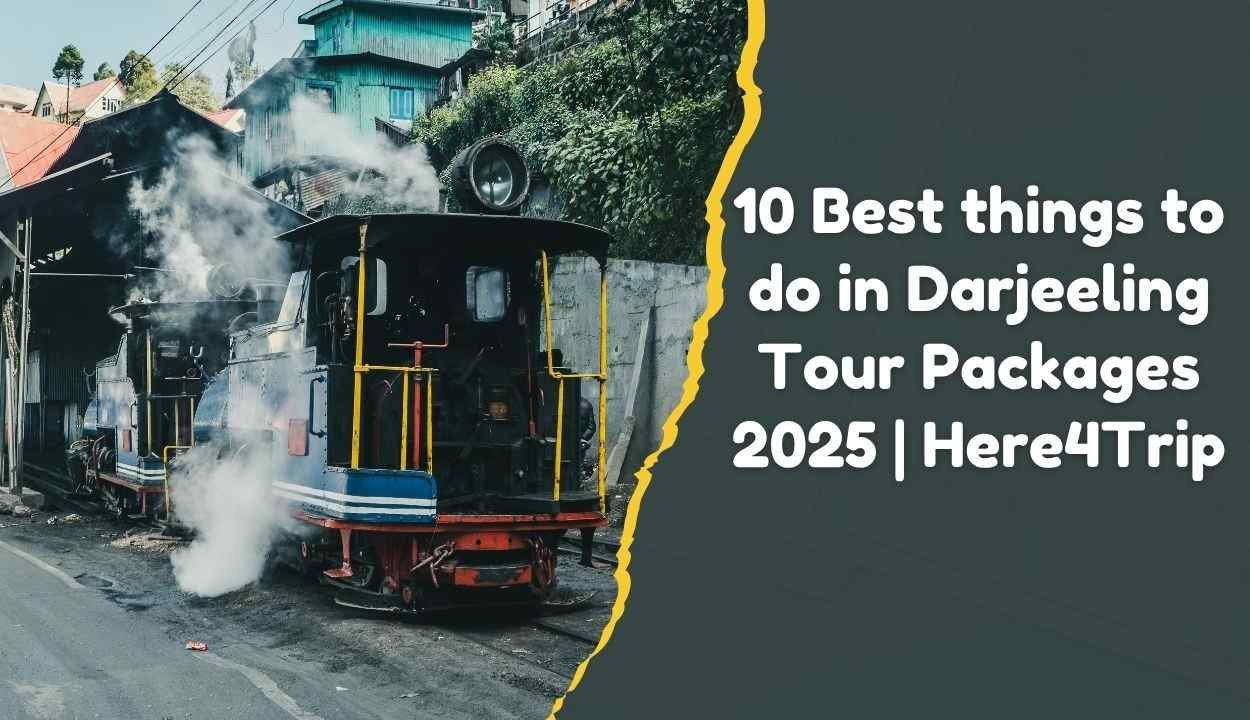 Toy train in Darjeeling with tour package text overlay
